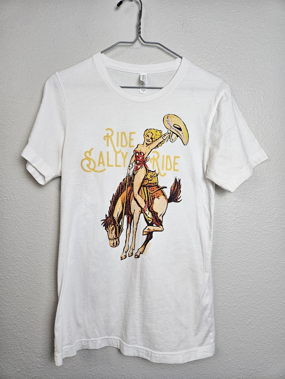Ride Sally Ride White Graphic Tee Retro Rodeo Art Small